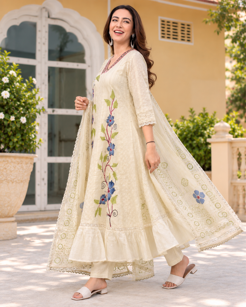 Ivory White Floral Embroidered Anarkali Set