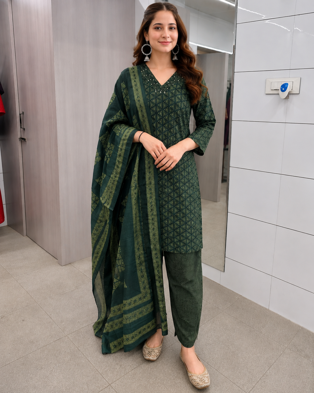 Emerald Green Geometric Print Cotton Suit Set
