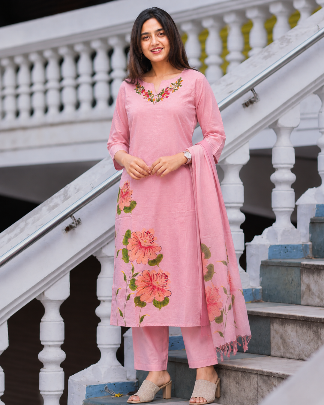 Pastel Pink Hand-Painted Mulmul Cotton Suit