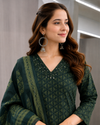 Emerald Green Geometric Print Cotton Suit Set
