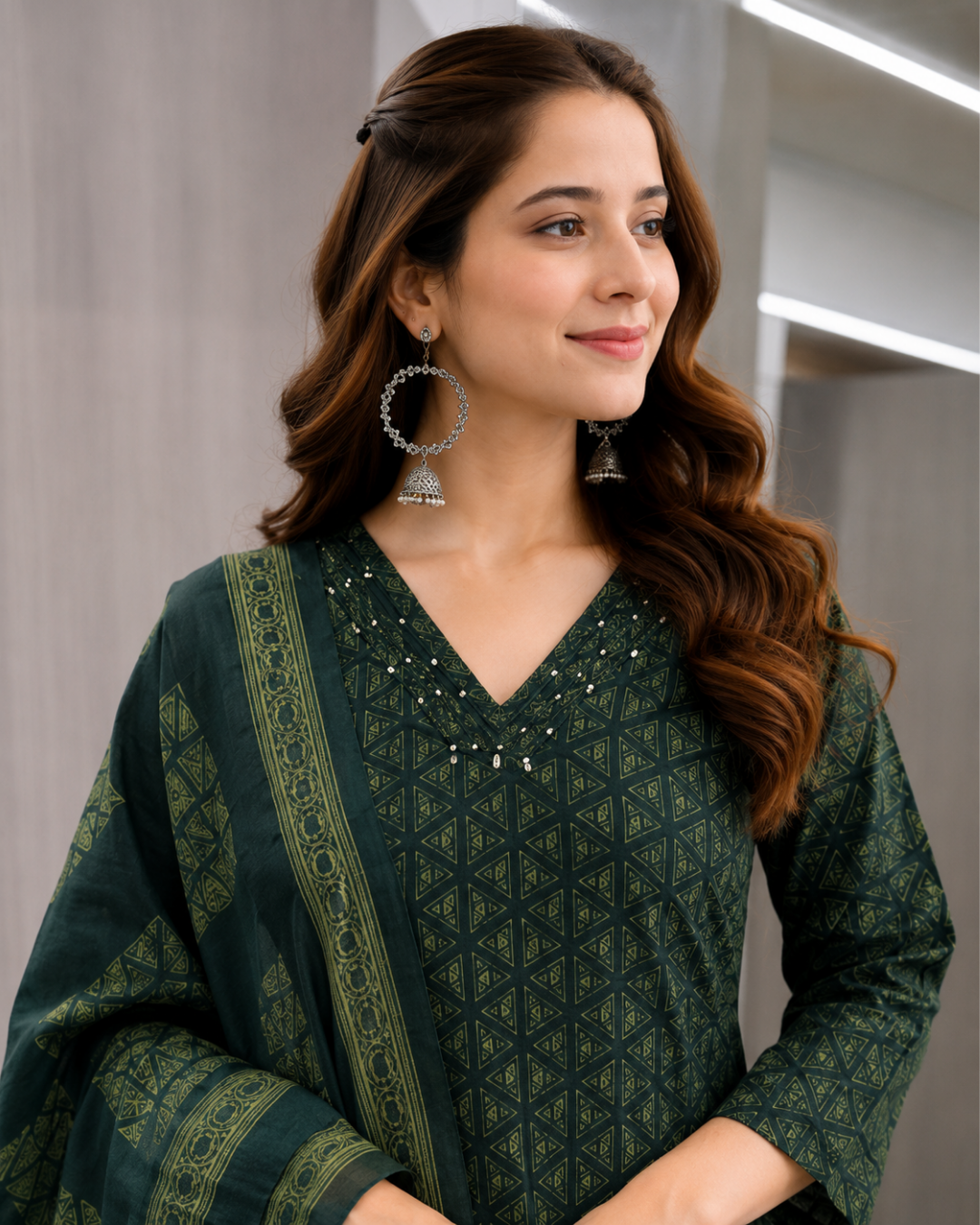 Emerald Green Geometric Print Cotton Suit Set