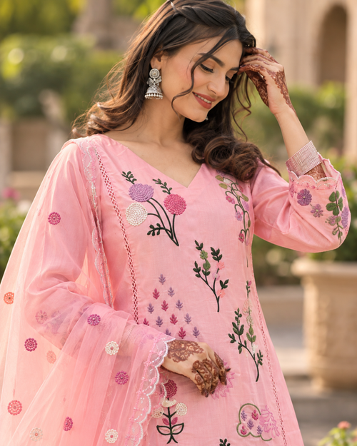 Blush Pink Botanical Threadwork Sharara Set