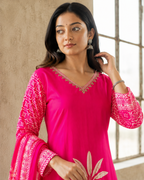 Hot Pink Elephant Print Pure Crepe Suit Set