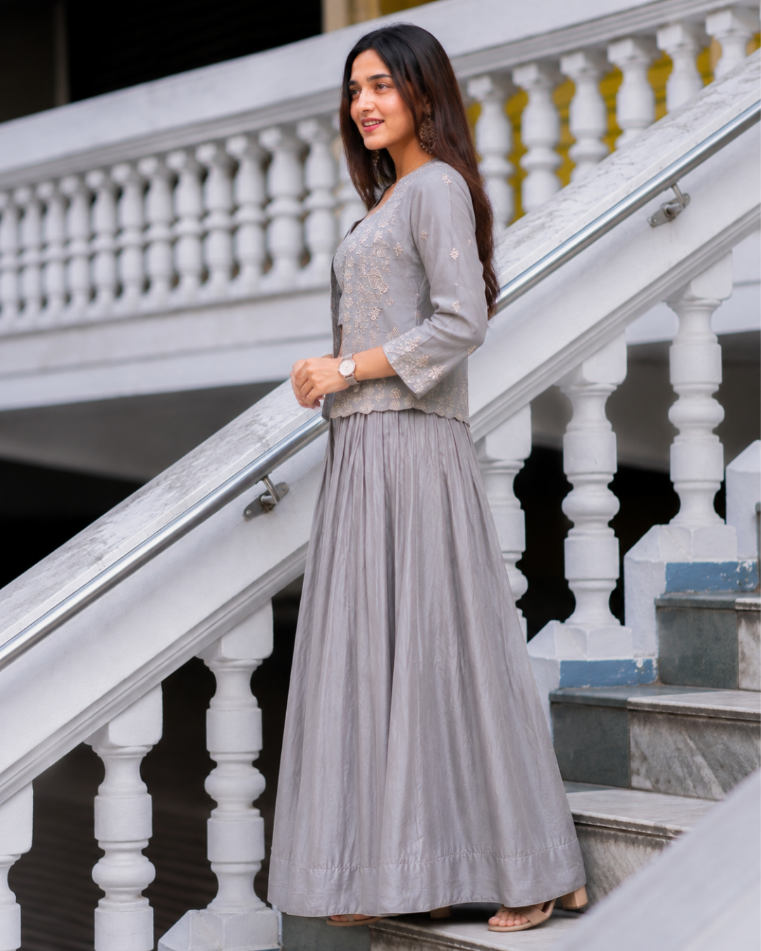 Grey Embroidered Chiffon Co-ord Set