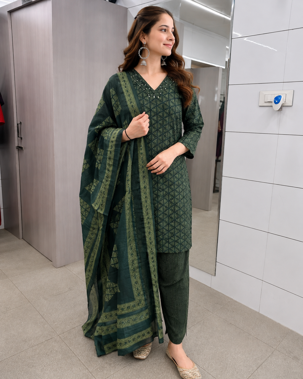 Emerald Green Geometric Print Cotton Suit Set