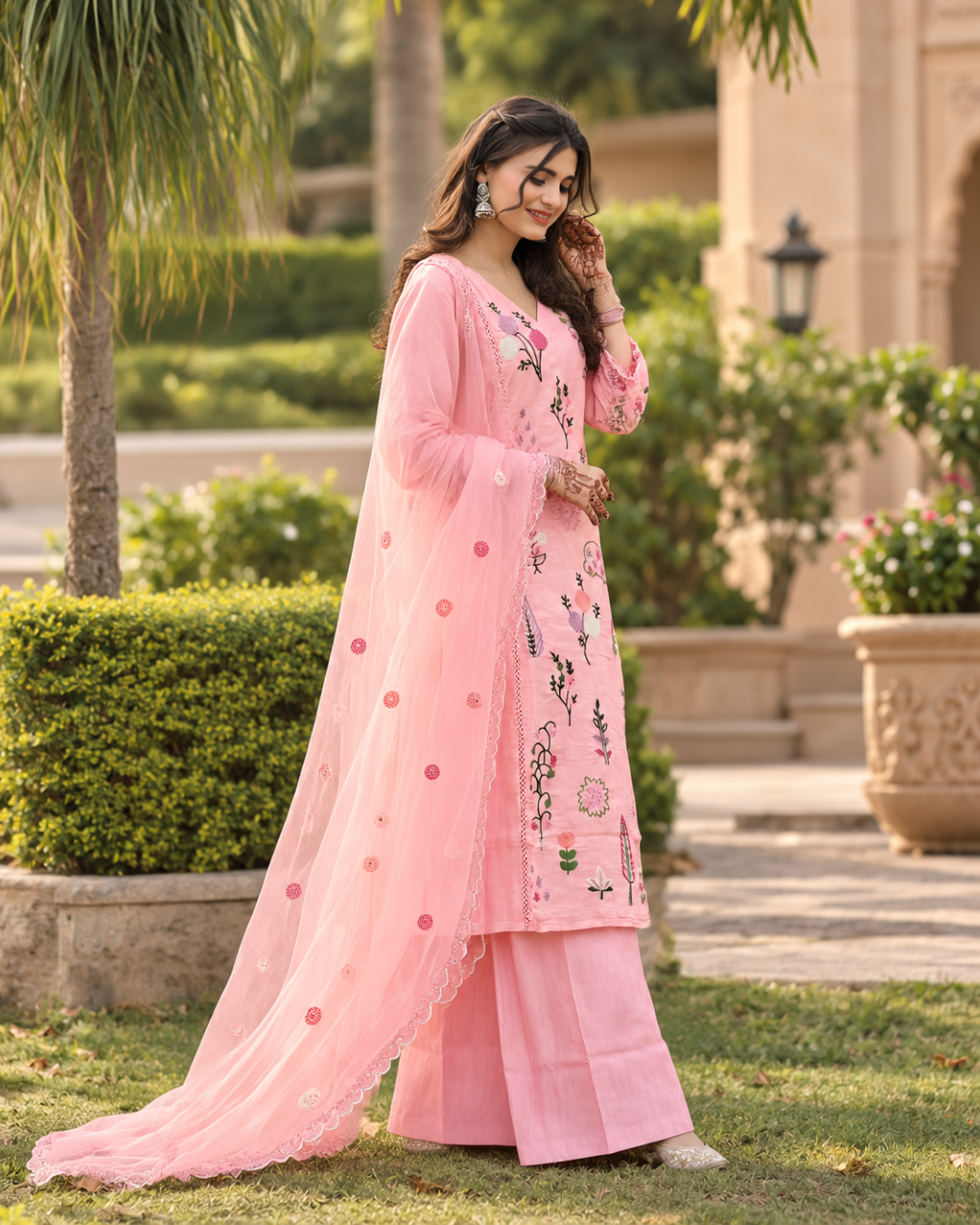 Blush Pink Botanical Threadwork Sharara Set