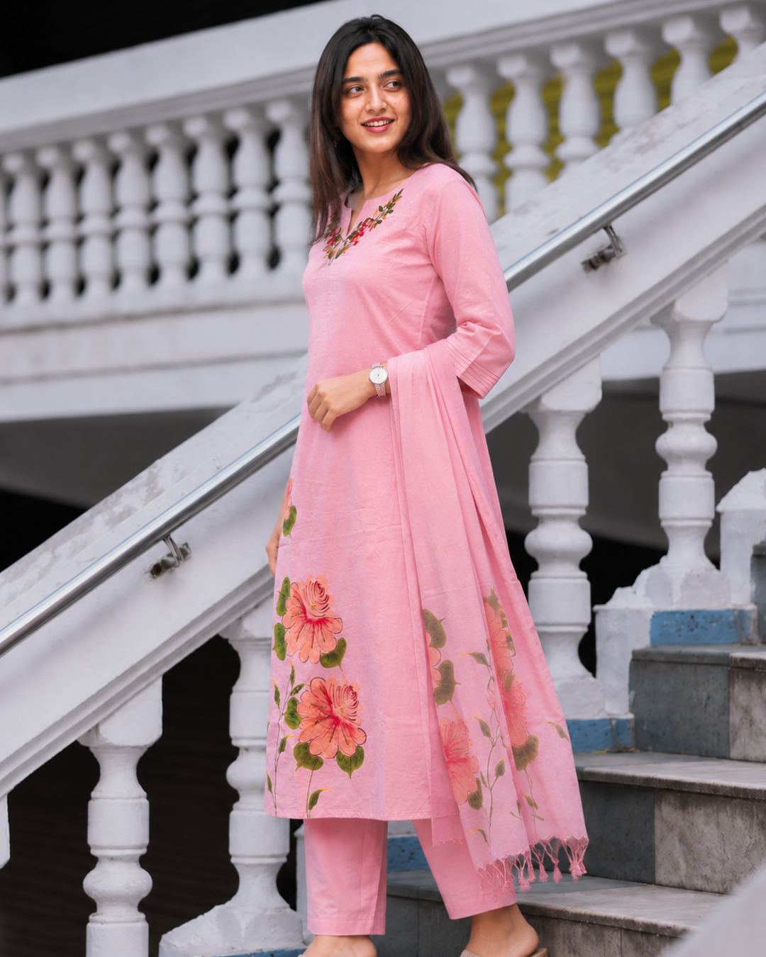 Pastel Pink Hand-Painted Mulmul Cotton Suit