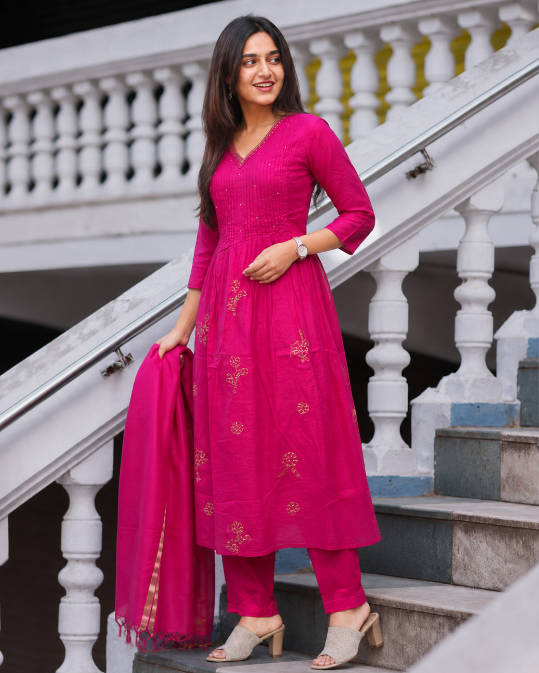 Hot Pink Pleated Liva Anarkali Suit