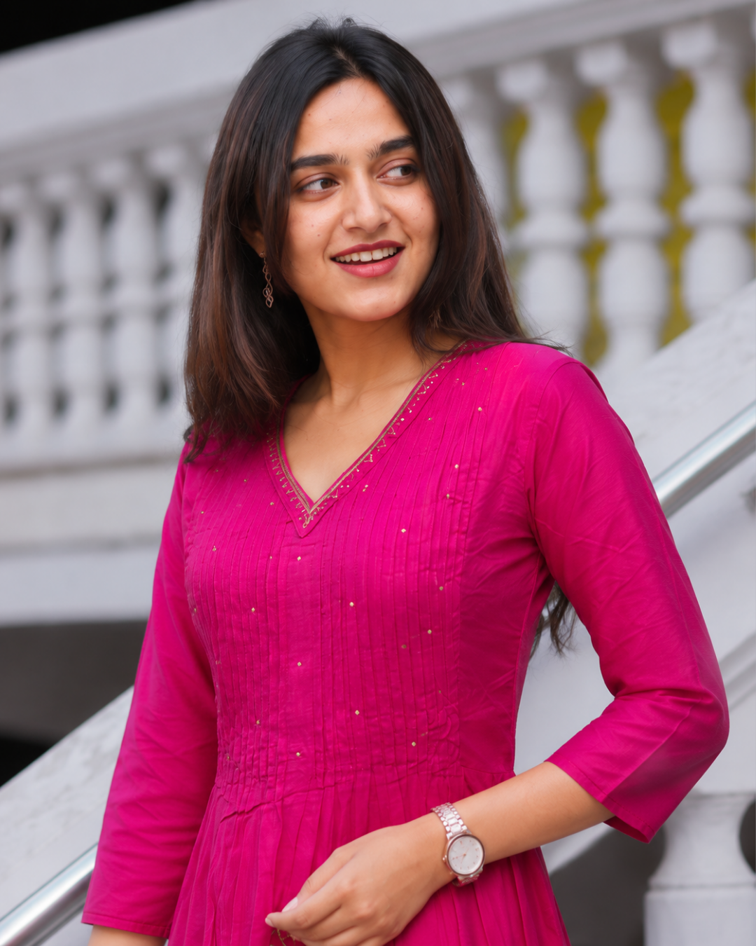 Hot Pink Pleated Liva Anarkali Suit