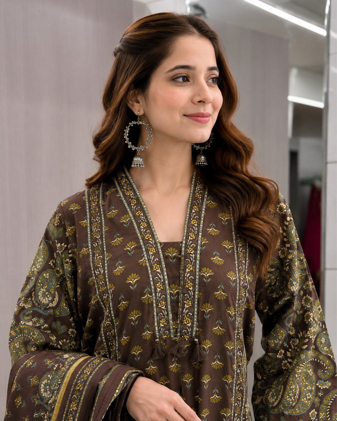 Coffee Brown Paisley Block Print Palazzo Suit Set