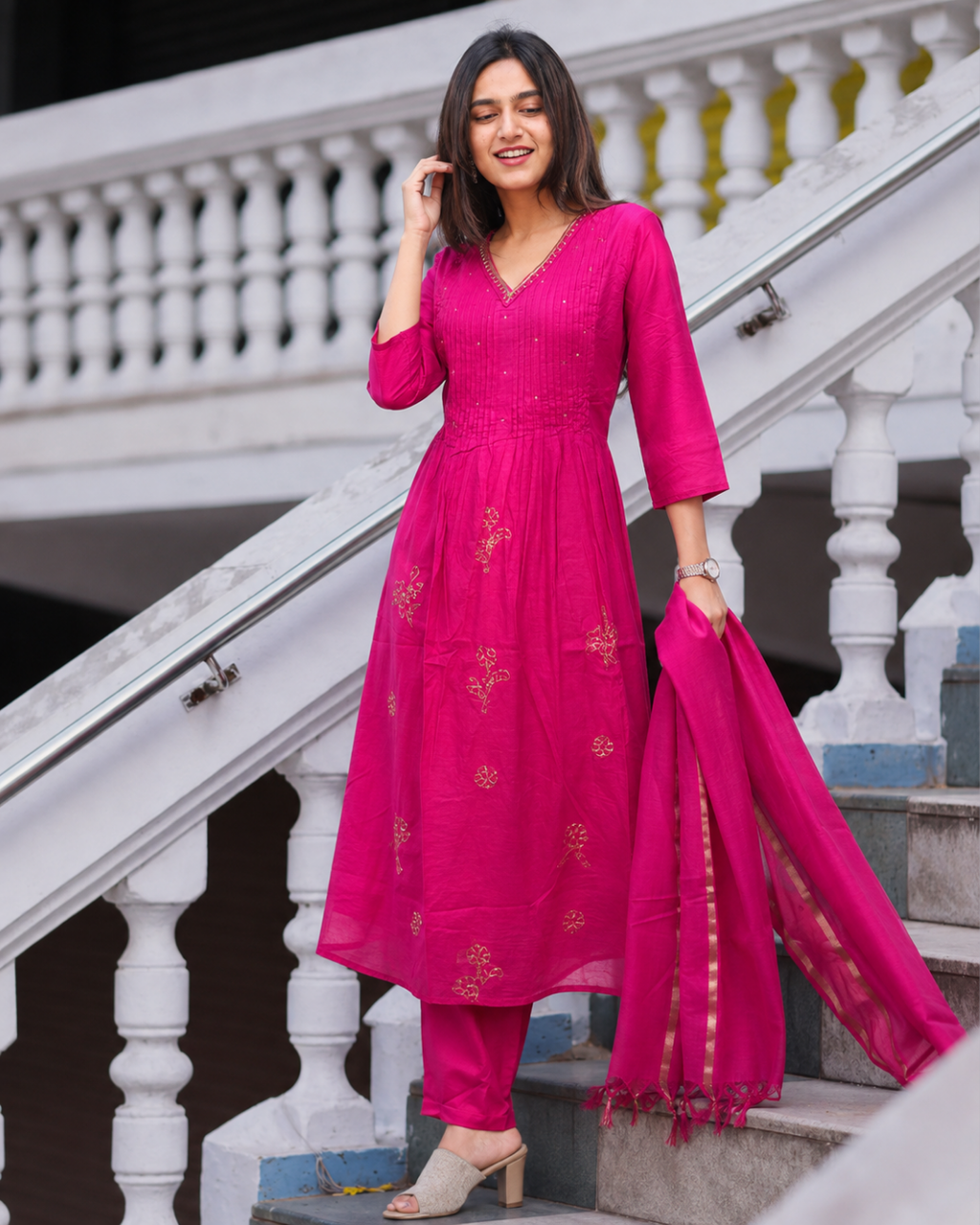 Hot Pink Pleated Liva Anarkali Suit