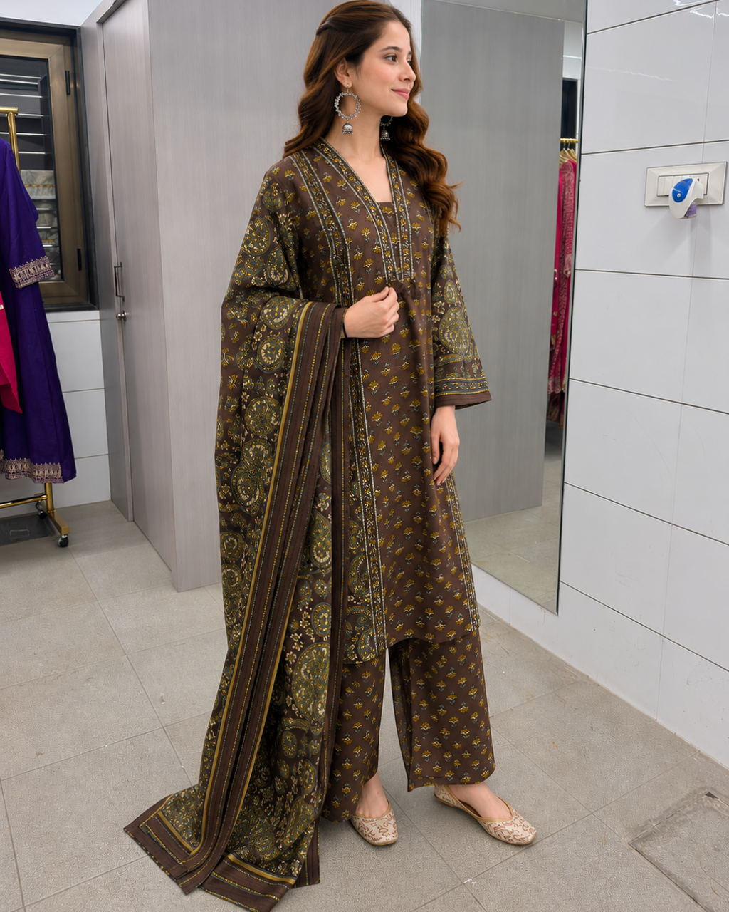 Coffee Brown Paisley Block Print Palazzo Suit Set