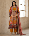 Mustard Mughal Print Satin Silk Suit