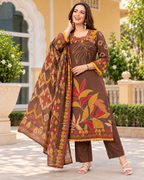 Earthy Brown Foliage Motif Straight Dress Set