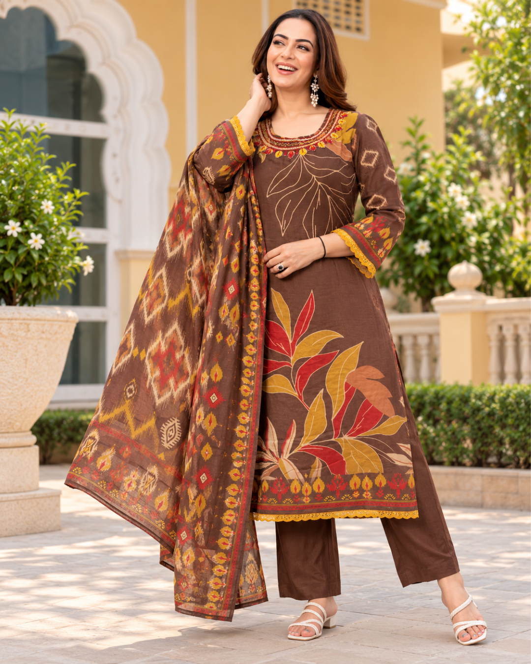 Earthy Brown Foliage Motif Straight Dress Set