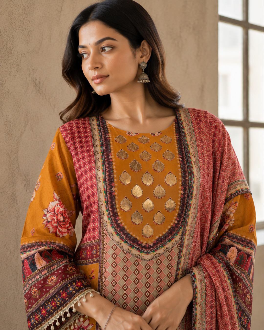 Mustard Mughal Print Satin Silk Suit