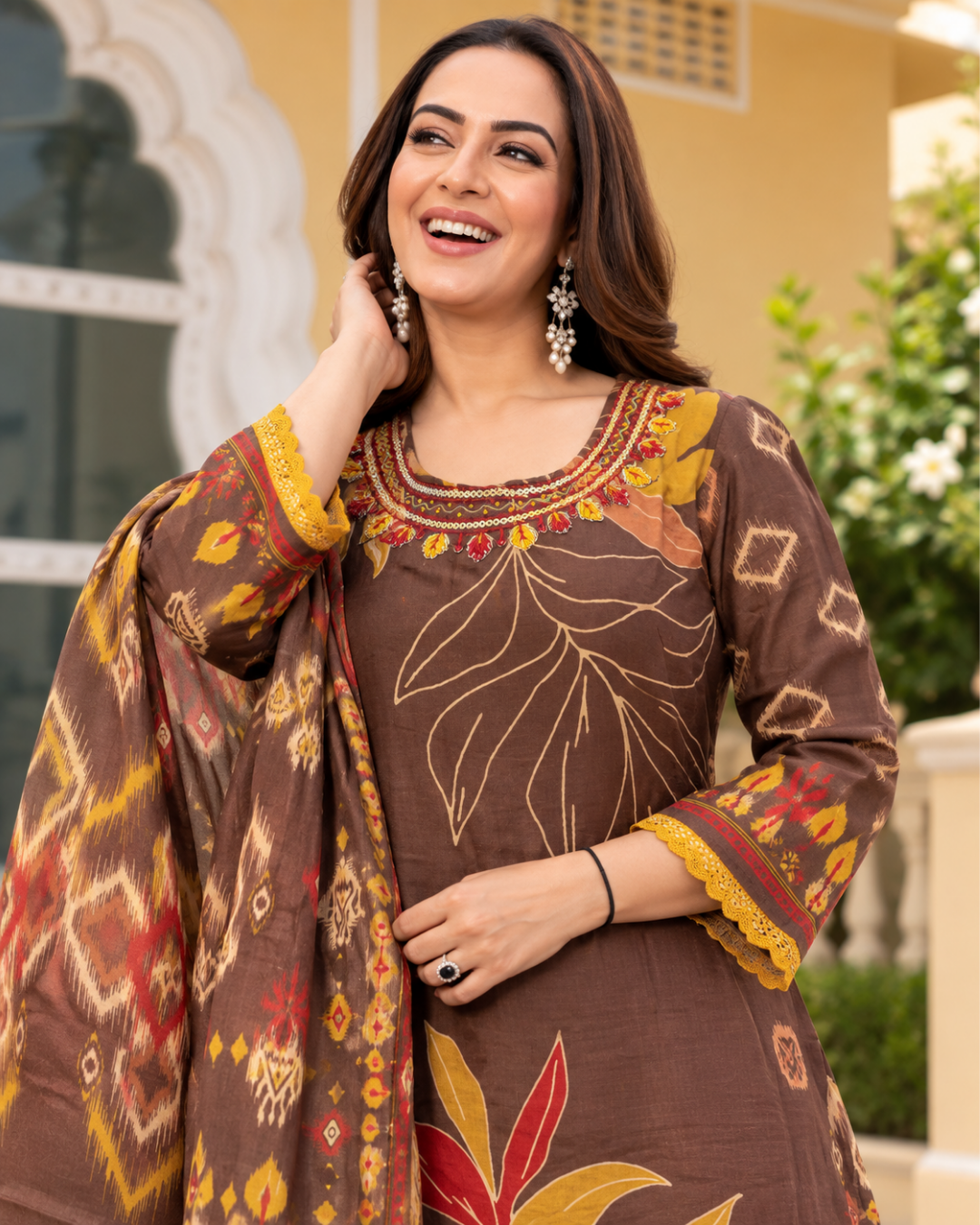 Earthy Brown Foliage Motif Straight Dress Set