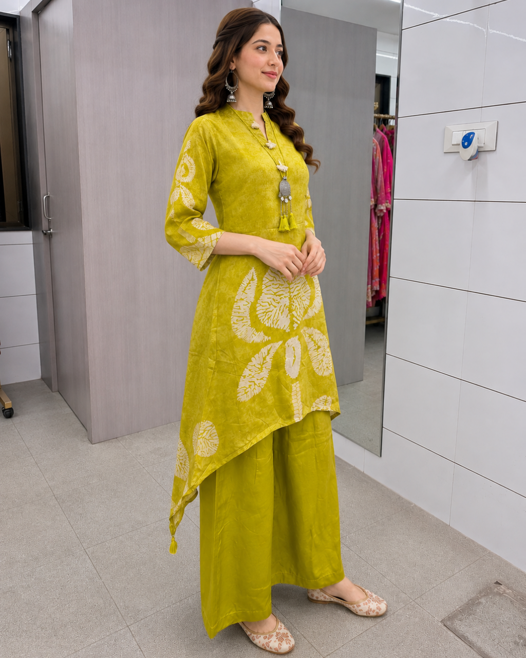 Olive Lime Handcrafted Batik High-Low Palazzo Set