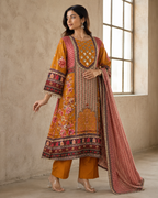 Mustard Mughal Print Satin Silk Suit