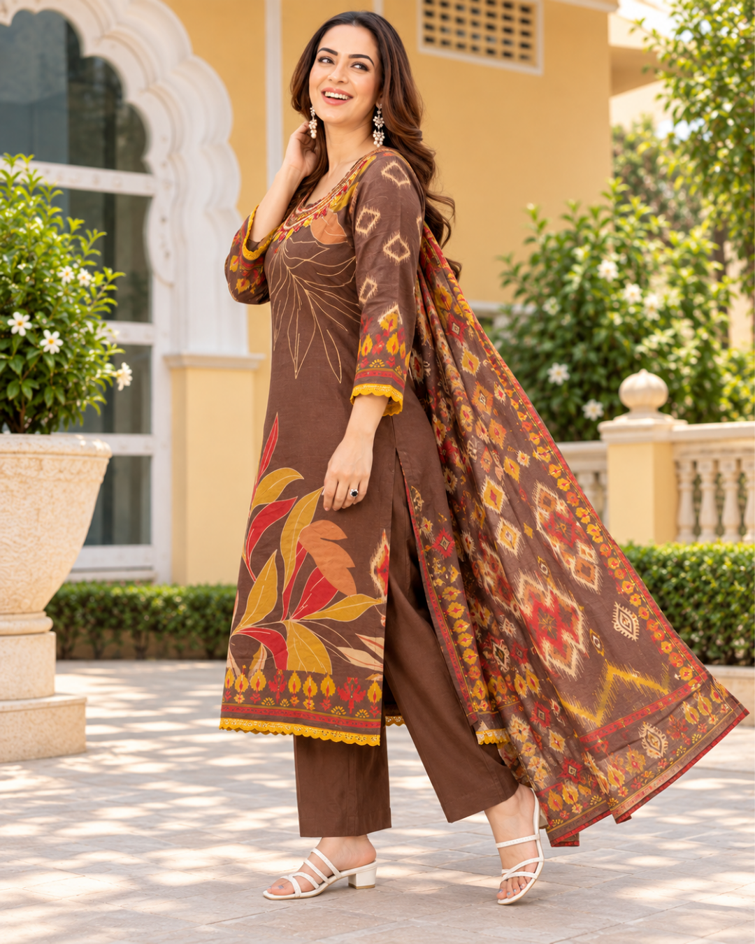 Earthy Brown Foliage Motif Straight Dress Set
