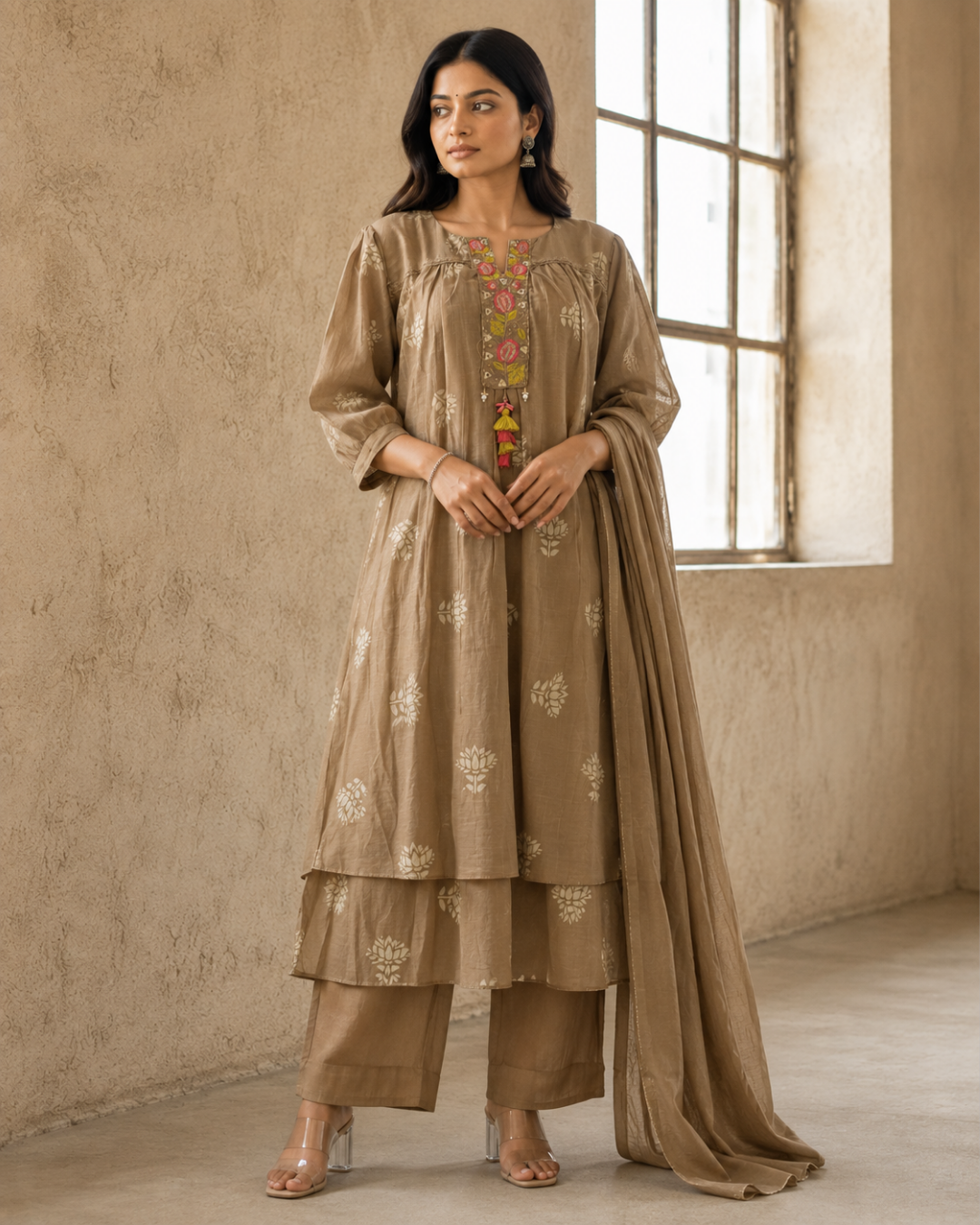 Earthy Taupe Layered Muslin Suit