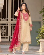 Champagne Beige Regal Yoke Embroidered Dress Set