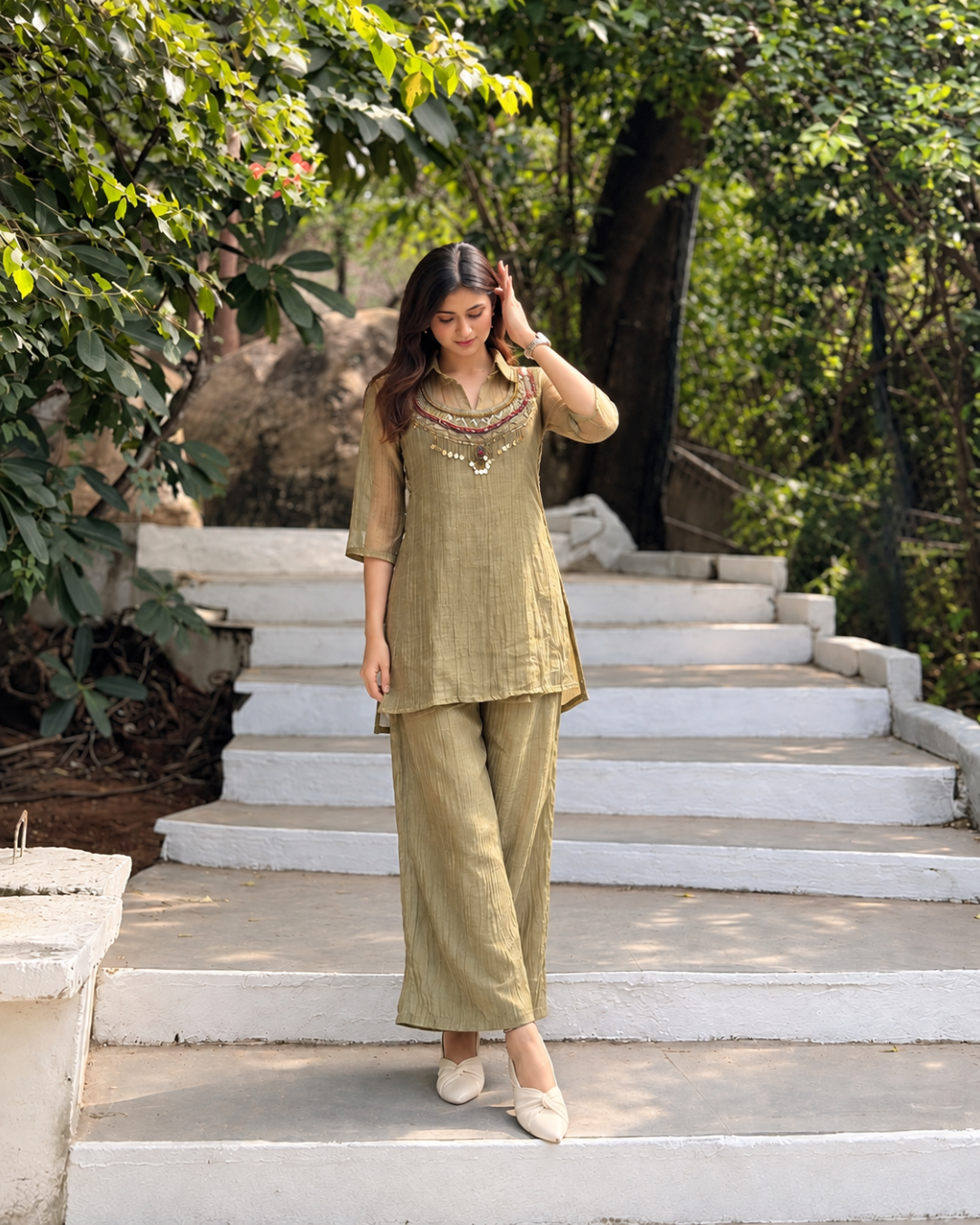 Olive Khadi Yoke Embroidered Kurta Set