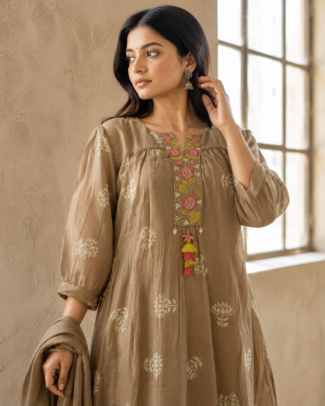 Earthy Taupe Layered Muslin Suit