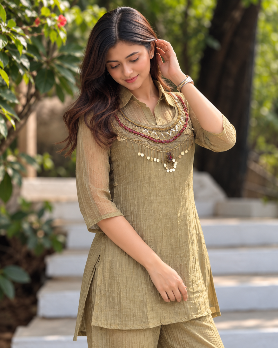 Olive Khadi Yoke Embroidered Kurta Set