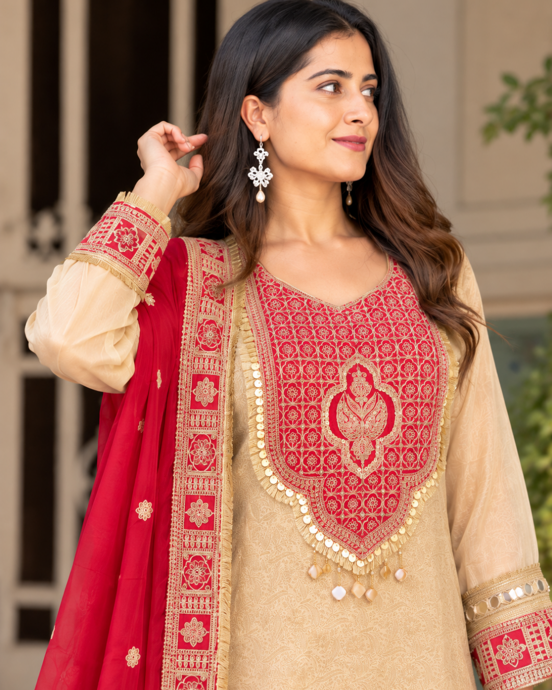 Champagne Beige Regal Yoke Embroidered Dress Set