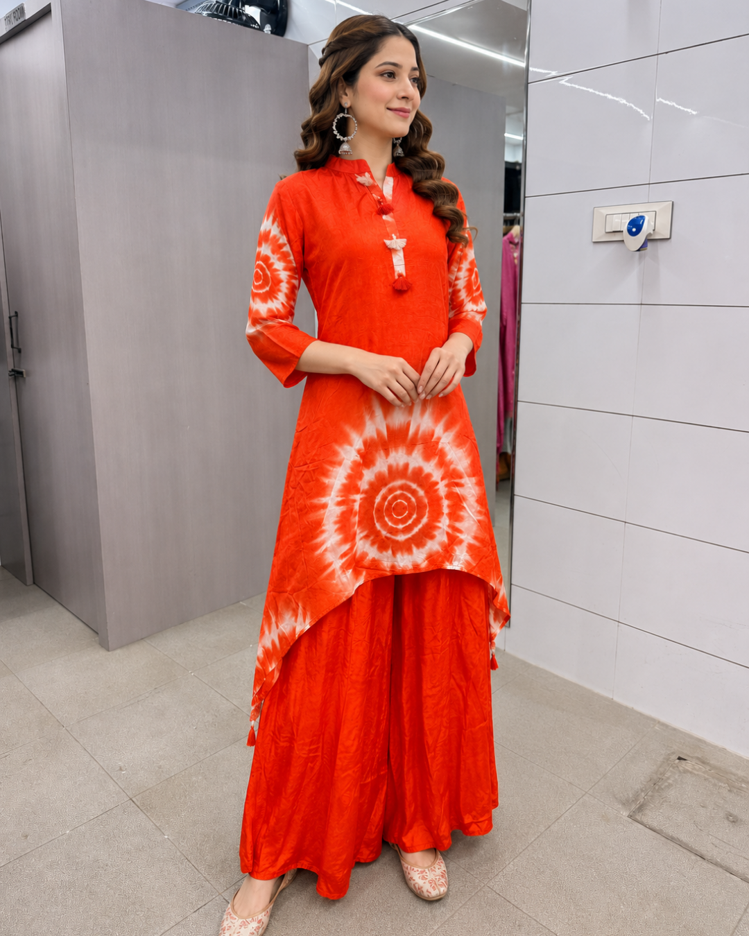Tangerine Orange Shibori Sunburst High-Low Palazzo Set