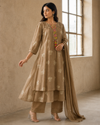 Earthy Taupe Layered Muslin Suit