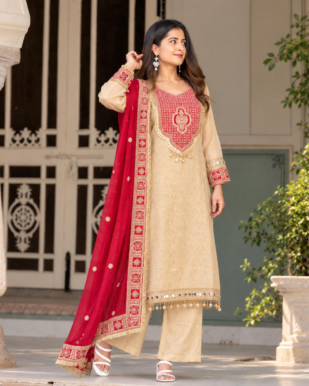 Champagne Beige Regal Yoke Embroidered Dress Set