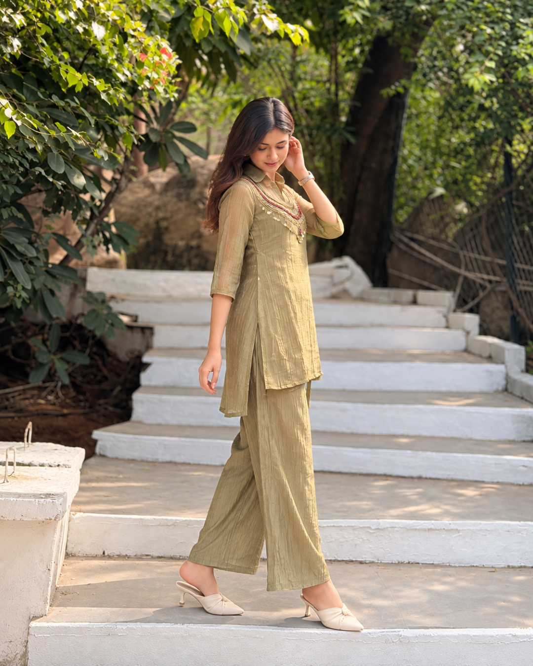 Olive Khadi Yoke Embroidered Kurta Set