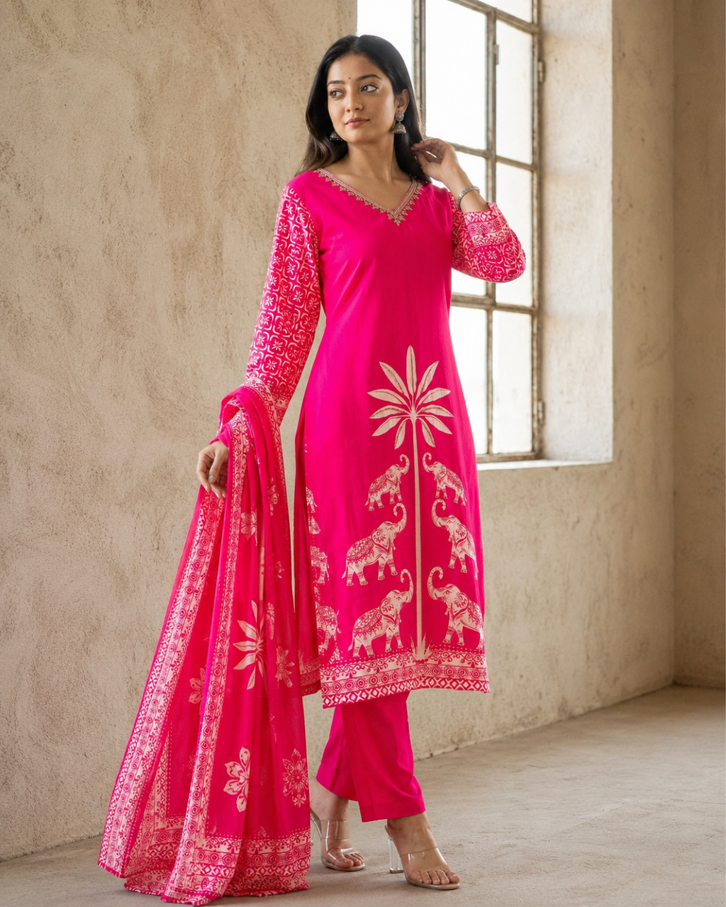 Hot Pink Elephant Print Pure Crepe Suit Set