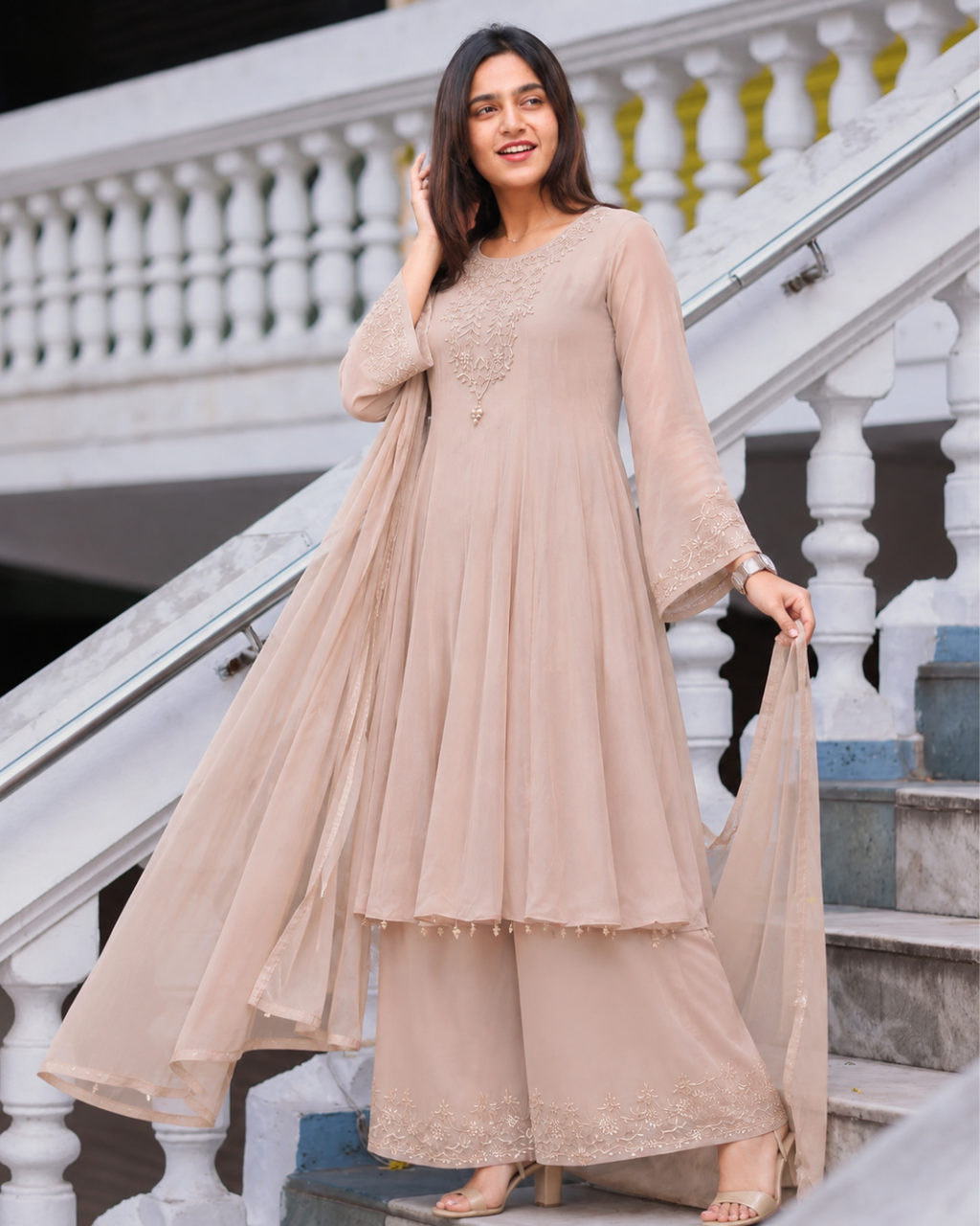 Dusty Nude Chinon Anarkali Palazzo Set