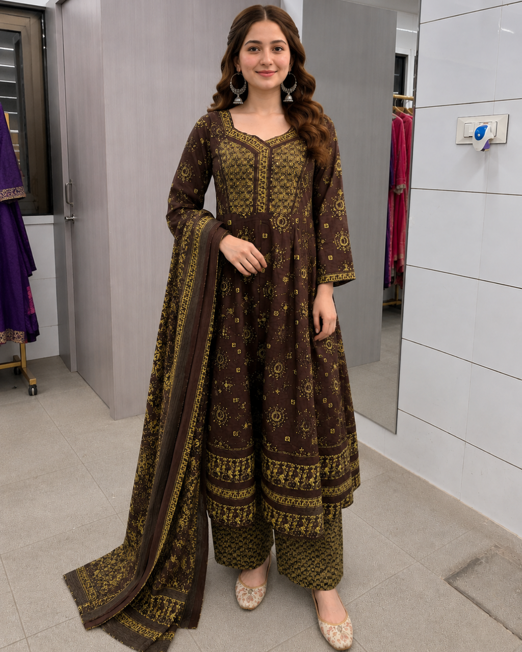 Mocha Brown Bandhani Print Anarkali Suit Set