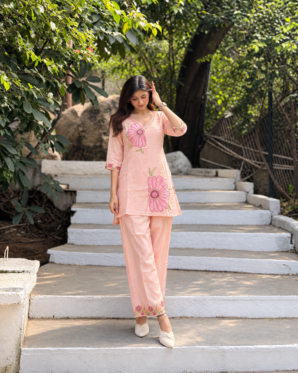 Peach Bloom Applique Tunic Set