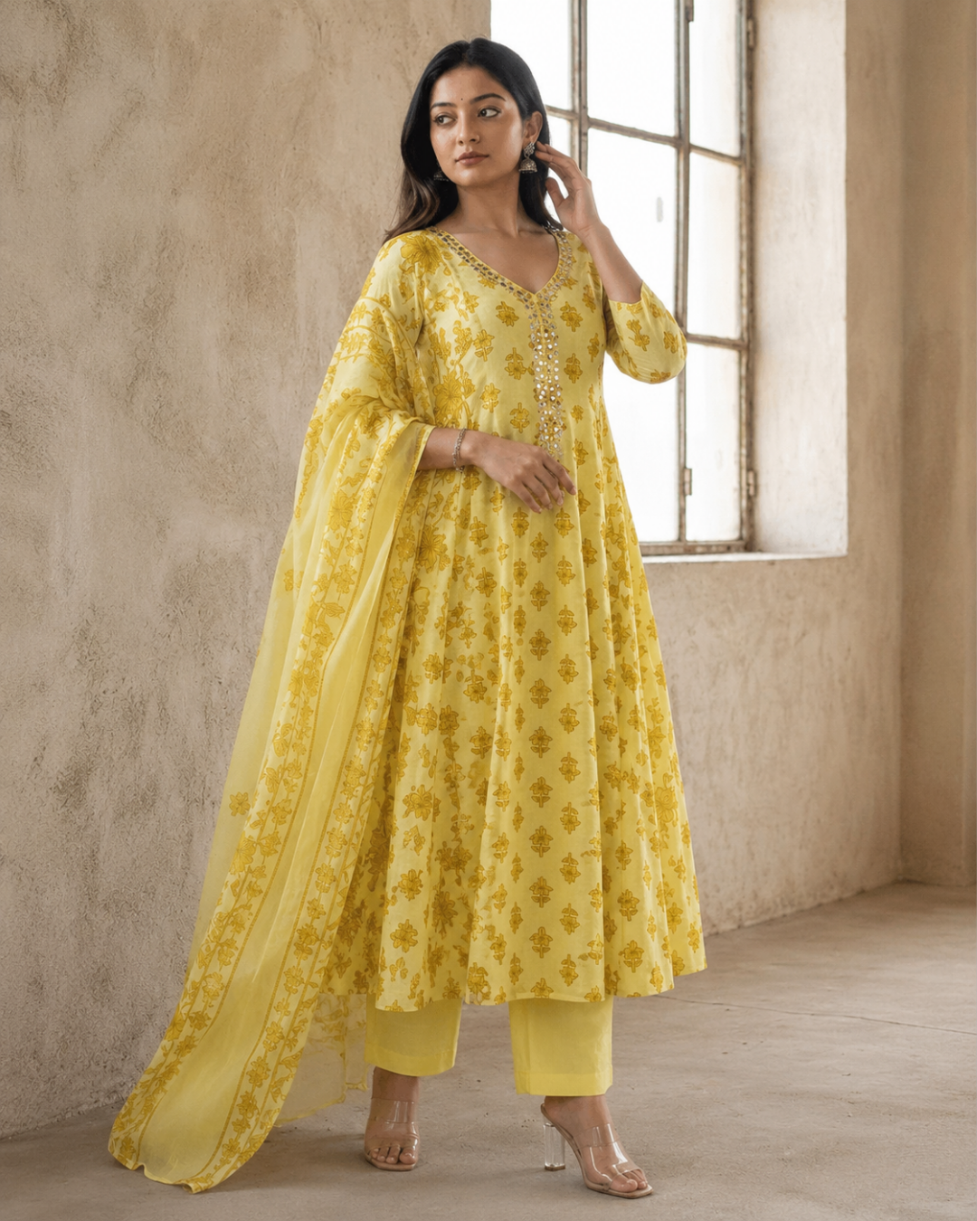 Sunshine Yellow Floral Mul Cotton Anarkali