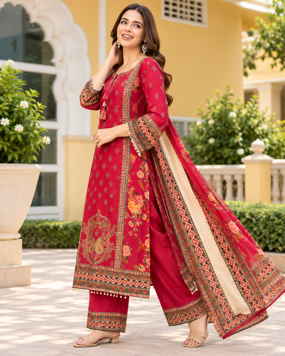 Crimson Berry Floral Damask Sharara Set