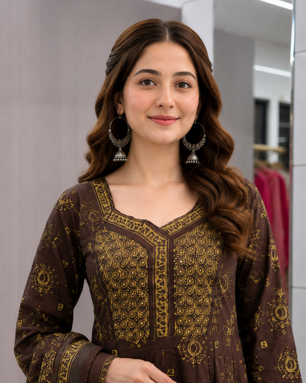 Mocha Brown Bandhani Print Anarkali Suit Set