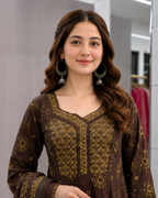 Mocha Brown Bandhani Print Anarkali Suit Set