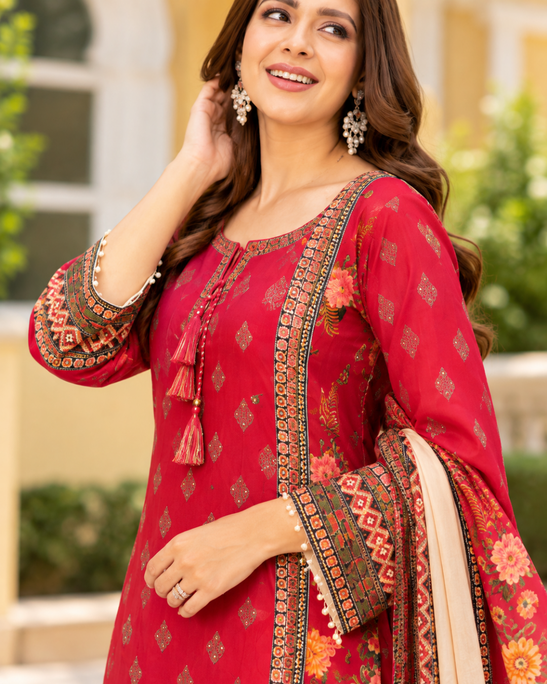 Crimson Berry Floral Damask Sharara Set