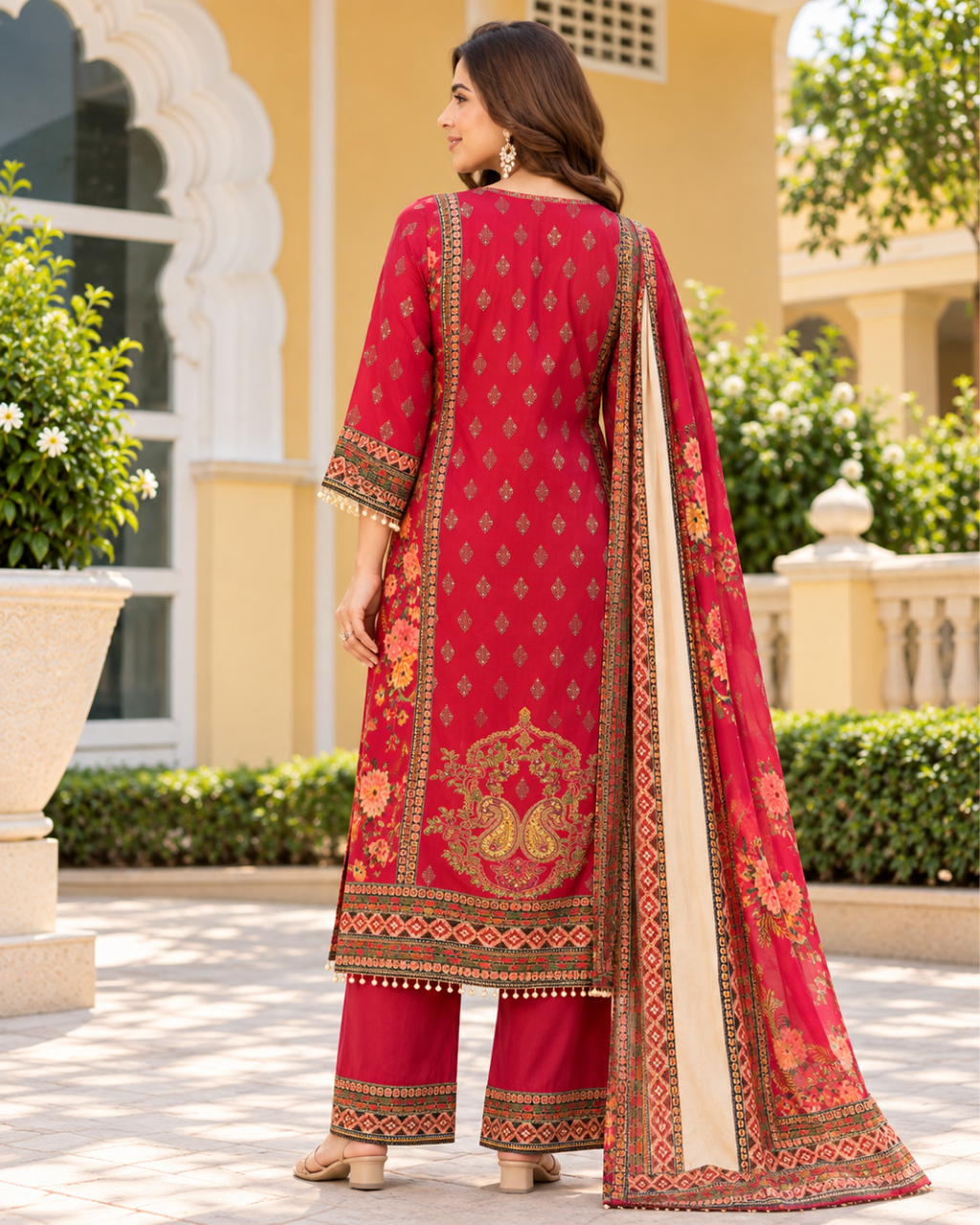 Crimson Berry Floral Damask Sharara Set