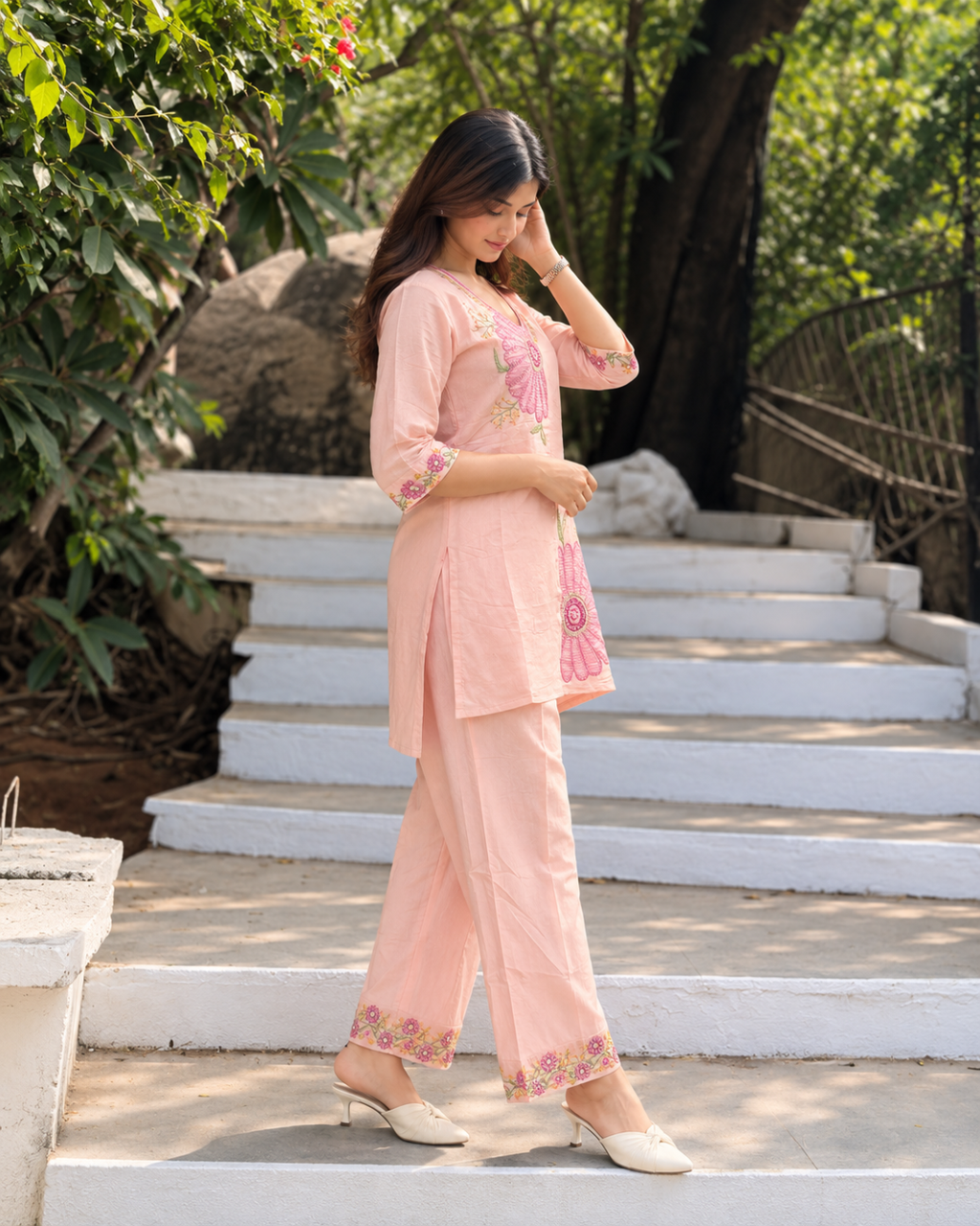 Peach Bloom Applique Tunic Set