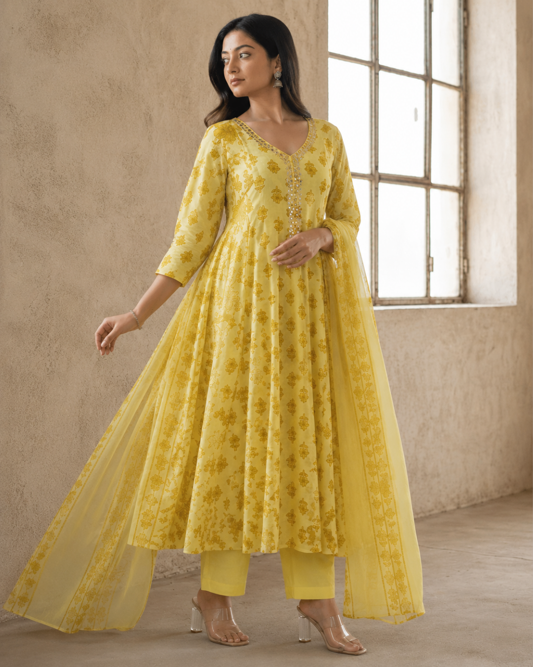 Sunshine Yellow Floral Mul Cotton Anarkali
