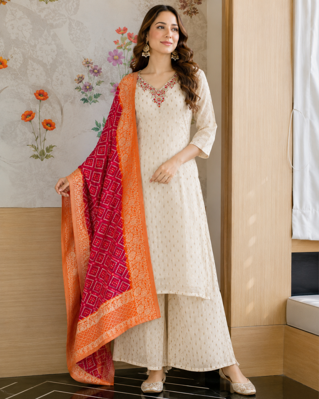 Ivory Chiffon Suit with Pink Bandhani Dupatta