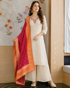 Ivory Chiffon Suit with Pink Bandhani Dupatta