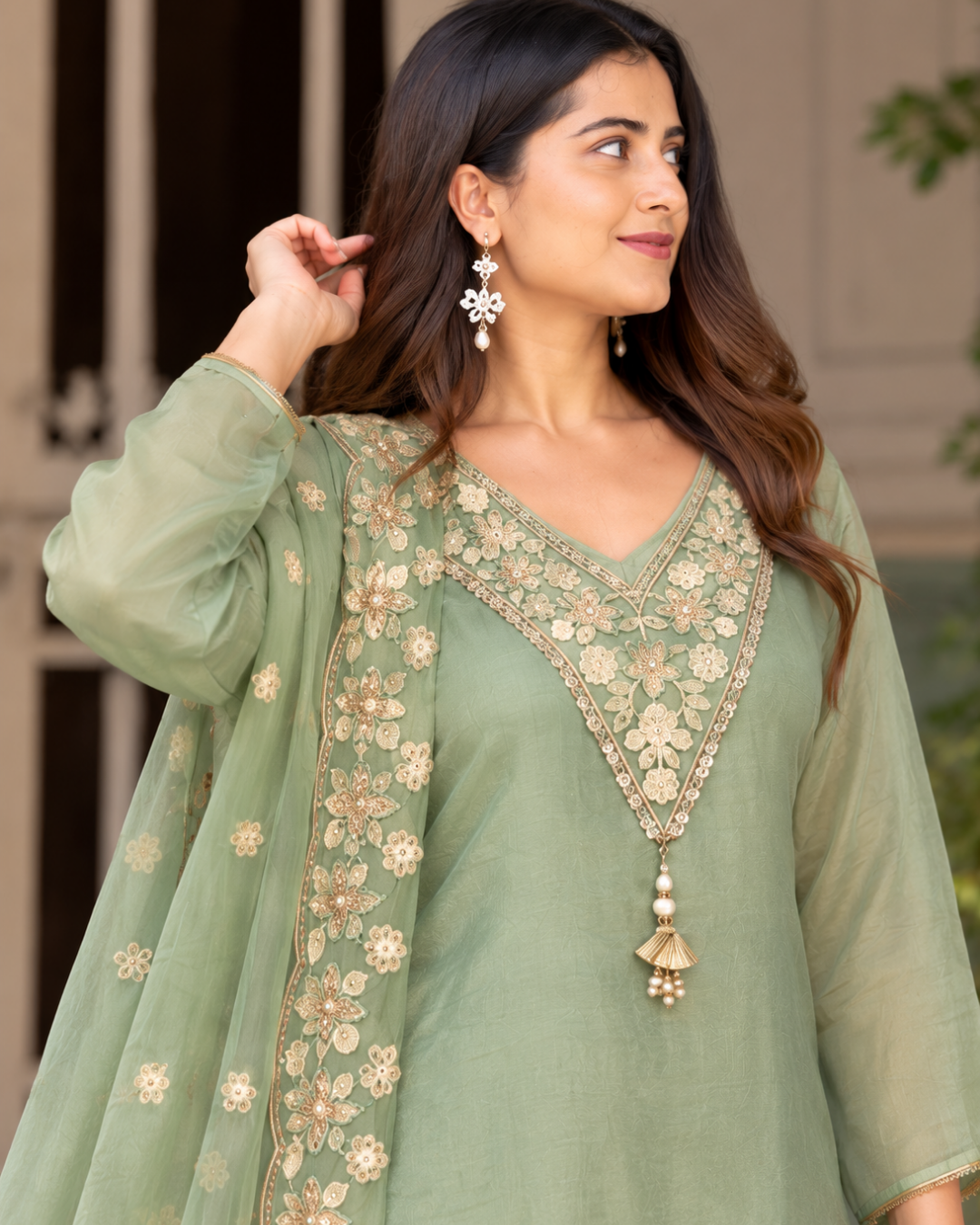Sage Green Resham Floral Embroidered Sharara Set