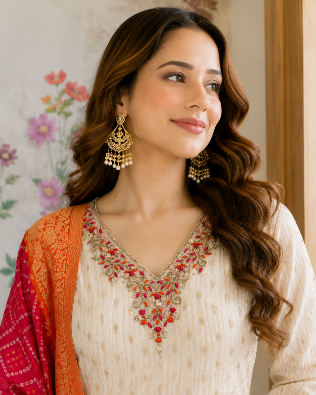 Ivory Chiffon Suit with Pink Bandhani Dupatta